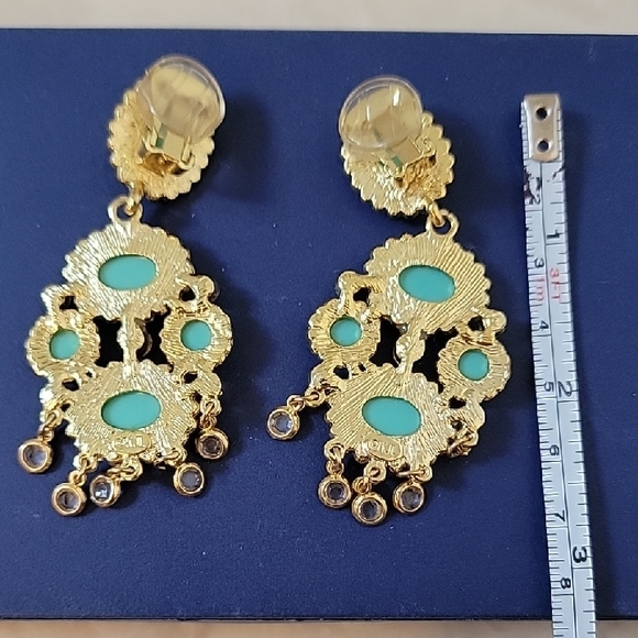 KJL KENNETH JAY LANE Signature Stamp Elegant Gold and Turquoise Dangle Earrings - Picture 2 of 4